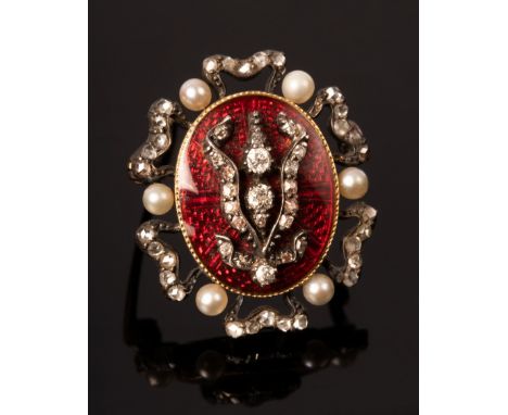 A Victorian diamond, pearl and red enamel brooch, of oval-shape with glazed locket to reverse containing hair scroll, 2.5cm l