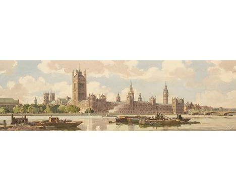 Leonard Russell Squirrell (1893-1979)/Westminster from the South Bank/with a tug, barge and other vessels on the Thames, an e