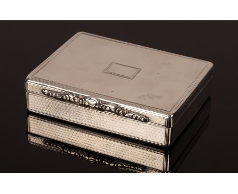 A William IV silver snuff box, SC, London 1835, of rectangular form with scrolling thumbpiece, 8cm x 6cm, approximately 146g 