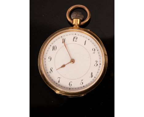 An 18k gold cased open faced pocket watch, the white enamel dial with Arabic numerals, case diameter 4cm, approximately 47.5g