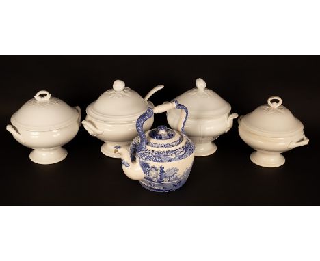 A Spode blue and white Italian pattern kettle, 31cm high and four French white glazed tureens, one with a ladle  CONDITION RE