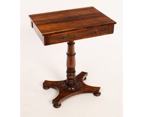 An early Victorian rosewood table, fitted a drawer on a turned column and quadruple support, 56cm wide CONDITION REPORT: Scra