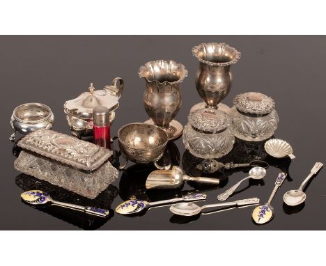 Sundry small items of silver including salts, vases, caddy spoons etc. CONDITION REPORT: Condition information is not usually