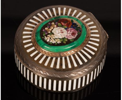 A Continental patch box, marked Dreyfous, with striped decoration and central oval micromosaic of roses to lid, 4.5cm diamete