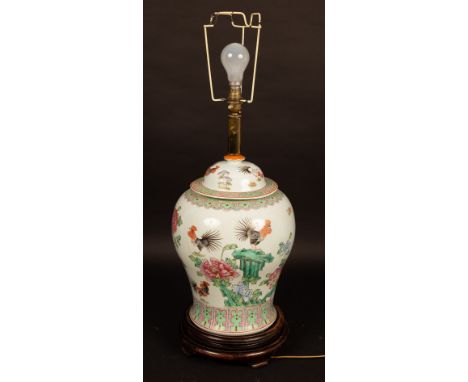 A Chinese style baluster vase and cover decorated chrysanthemums, cockerels, etc., 84cm high (now a lamp base with shade) CON