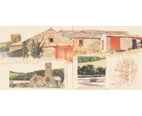 Sue Lewington (born 1956)/St Winnow/numbered 32 and 33/ink and watercolour on two sheets of paper, total image size 18cm x 41