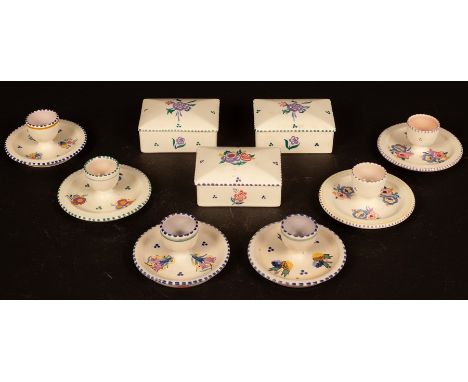 Poole Pottery, six floral decorated egg cups and three floral lidded boxes, 11cm x 8cm CONDITION REPORT: Condition informatio