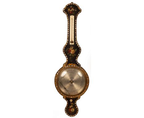 A 19th Century wheel barometer, the painted and shell inlaid case with thermometer and silvered dial, 104cm high CONDITION RE