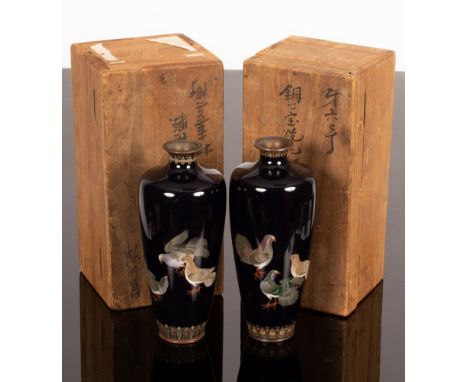 A pair of Japanese cloisonne vases, Meiji period, each depicting pigeons to a midnight blue ground, 18cm high, each in a line