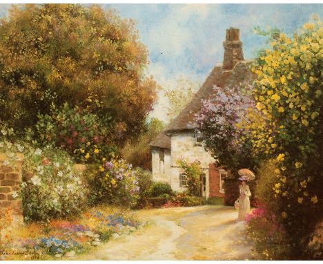Thelma Leaney Butler (act 1970-1980)/Summer Cottage Garden with Figure/oleograph, 40cm x 50cm CONDITION REPORT: ARR Artist's 