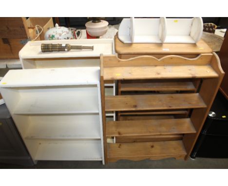 Two pine shelves; a corner shelf and two white painted shelves 