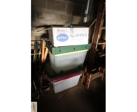 A box of tools; three plastic storage crates etc
