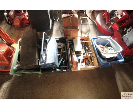 Six boxes of hand tools to include cantilever tool box, large metal tool box, various saws etc. 
