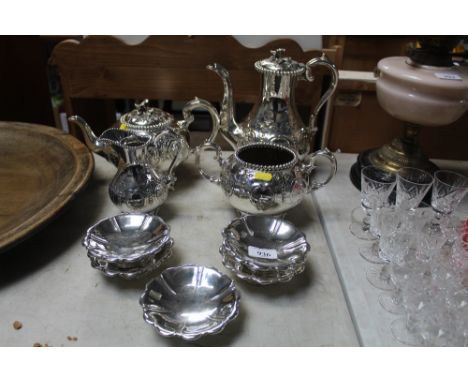 A silver plated four piece tea set and five Mappin &amp; Webb silver plated pedestal dishes