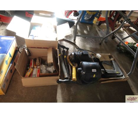 Various work shop equipment to include pumps to electric motors; shelf brackets; spark plugs and spares etc