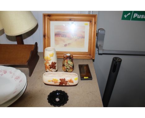 A Mackintosh wallet, pen and bookmark; pine framed print; two silver vases etc.