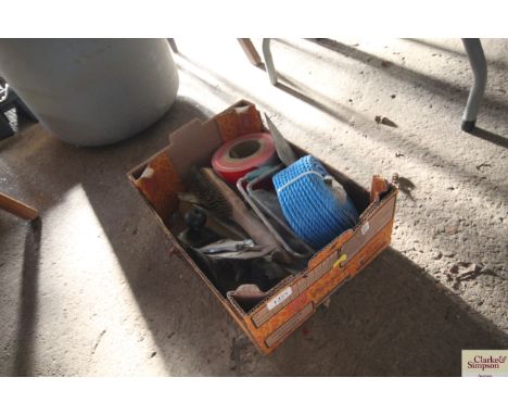 A tray of hand tools to include No. 4 plane; hazard tape; rope etc