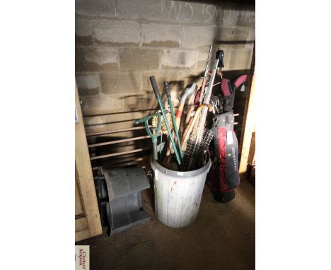 A bin of various long handled gardening tools etc