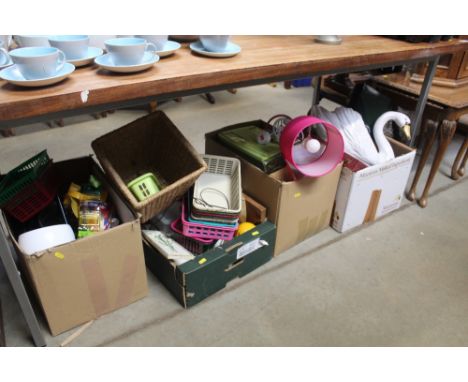 Four boxes of various sundries including cutlery; jardinière; table lamp; kitchenalia etc.