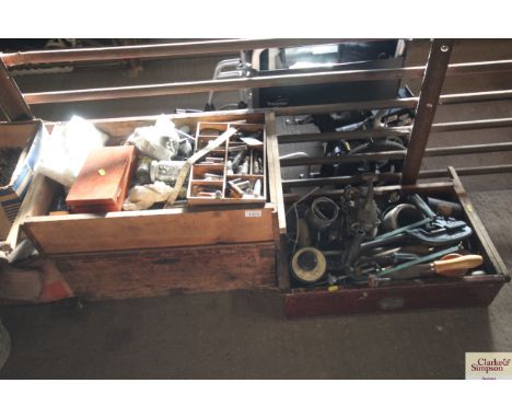 A wooden trunk and two drawers of hand tools etc
