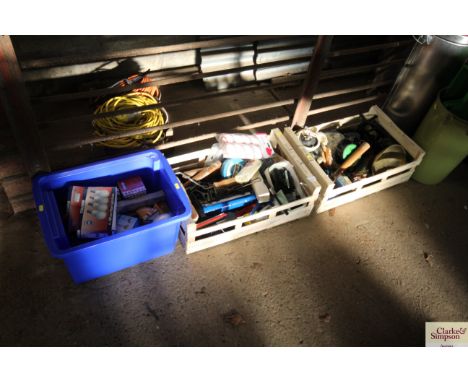 Three boxes containing various light bulbs; paint brushes; hand tools; scales etc