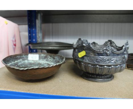 An ornate silver plated bowl; Arts &amp; Crafts style pewter comport and an Arts &amp; Crafts copper bowl