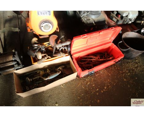 Three boxes of hand tools to include braces, pliers etc. 