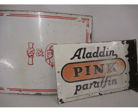 Enamel sign for Aladdin pink Paraffin and another, possibly for tea with Indian and China, 24ins x 20ins 