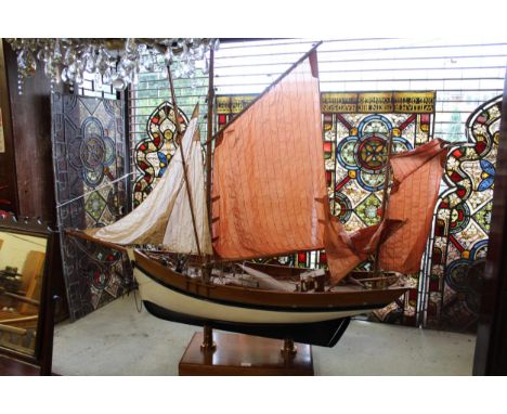 20th Century large scale model of a ketch rigged sailing vessel, on copper mounted mahogany stand, 59ins high x 58ins long 