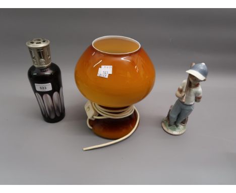 Lampe Berger, Paris, overlaid glass diffuser in original box, together with an Italian mid Century orange glass table lamp an