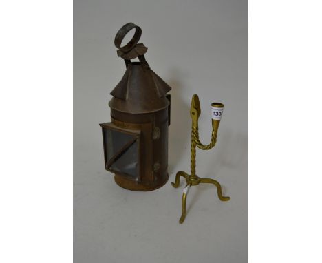 Brass rush light and a tin hand held lanternThe lantern may be antique (possibly 19th Century) but has been much cleaned and 