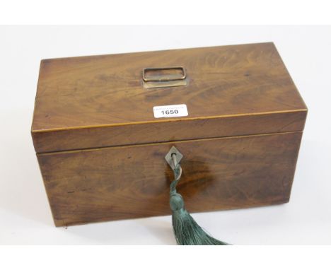 George III mahogany and boxwood line inlaid rectangular three division tea caddy with hinged cover, 12.25ins wide 