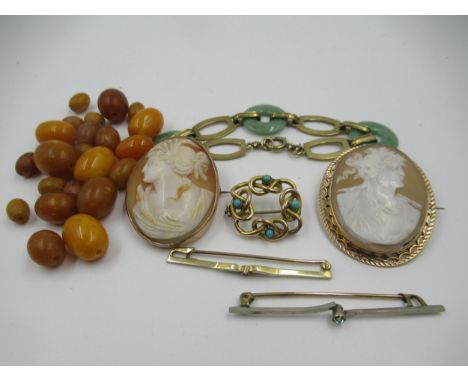 Two cameo brooches, two bar brooches, turquoise set brooch, modern jade and gilt metal bracelet and a small quantity of amber