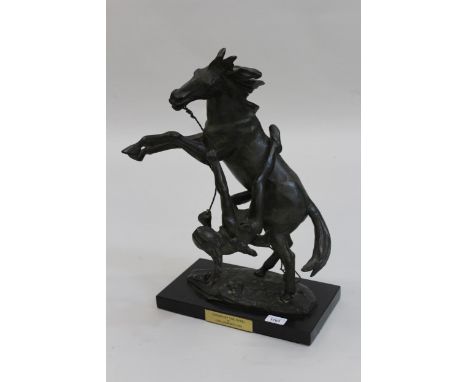 Clemente Spampinato, brown patinated bronze group, ' Thrown by the Rebel ' depicting a North American brave being thrown from