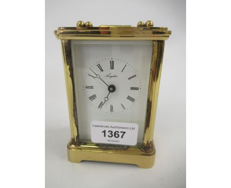 20th Century English gilt brass carriage clock, the enamel dial with Roman numerals, inscribed Angelus, with a single train m