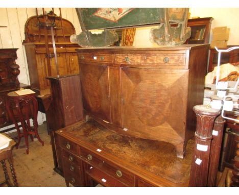 Late 19th / early 20th century mahogany bow fronted side cabinet, having line laid top above two short drawers, with brass ri