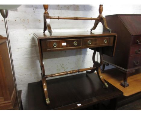 Reproduction mahogany drop-leaf sofa table with two frieze drawers on lyre shaped end supports with turned stretcher, sabre l