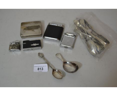 Sheffield silver tea caddy spoon, another silver spoon, a quantity of various plated spoons etc and four various lighters 