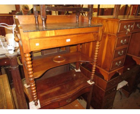 19th Century French fruitwood galleried wash stand, with marble top, single drawer and side towel rails, on bobbin turned sup