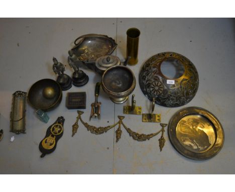 Pierced brass light fitting together with a quantity of other metalware 