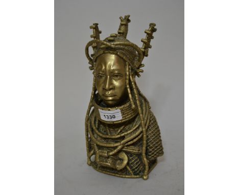 Modern Benin  cast bronze figure of a Native African in headdress, 10.5ins high 