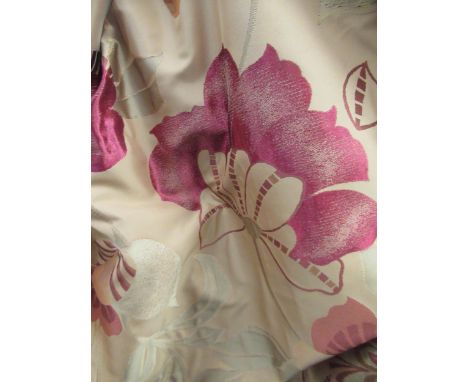 Pair of large red and yellow satin floral design curtains, 7ft drop approximately 