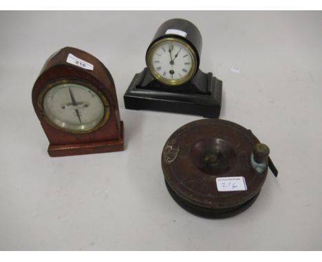 Lancet Mahogany cased meter with silvered dial, inscribed GPO No. 11546, 7ins high and antique brass and mahogany fishing ree