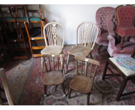 Pair of late 19th / early 20th Century children's elm and beech Windsor chairs on turned supports, a pair of wheelback chairs
