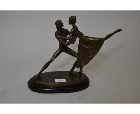 Modern dark patinated bronze group of two dancers, signed in the bronze ' Kim B. '86 ', 10ins x 12ins approximately 