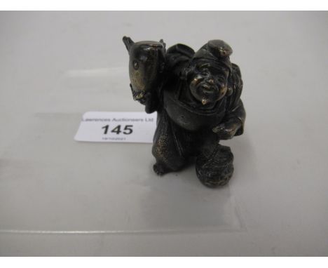 Miniature Chinese dark patinated bronze figure of a man carrying a fish and basket, 2ins high approximately 