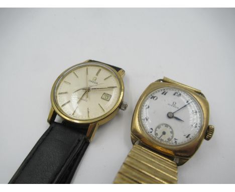 9ct Gold cushion cased Omega wristwatch with enamel dial, Roman numerals and subsidiary seconds, the case 23mm wide (at fault