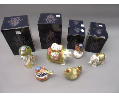 Group of six various Royal Crown Derby animal and bird paperweights, ' Amazon Green Parrot ', ' Indian Elephant Mother ', ' I