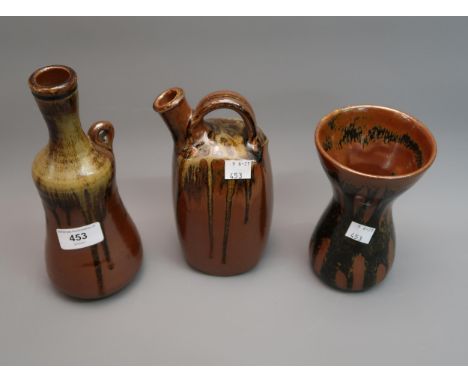 Muchelney Pottery (John Leach) stoneware flask decorated with running glaze, 8.5ins high, a similar smaller flask, 7.25ins hi