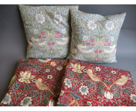 Pair of Strawberry Thief curtains, 54ins x 66ins, together with two matching cushions 